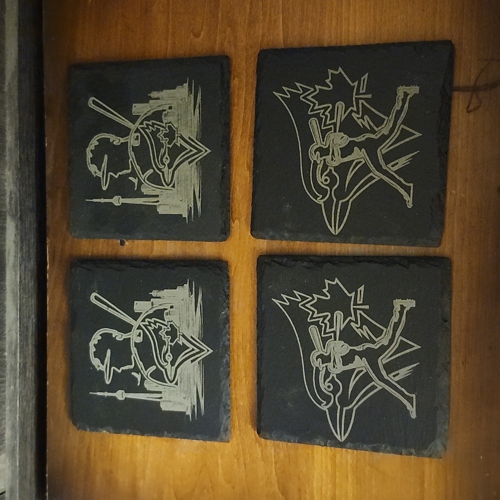 Coasters, Black Slate set of 4 Toronto Blue Jays Baseball Themed, Laser Etched